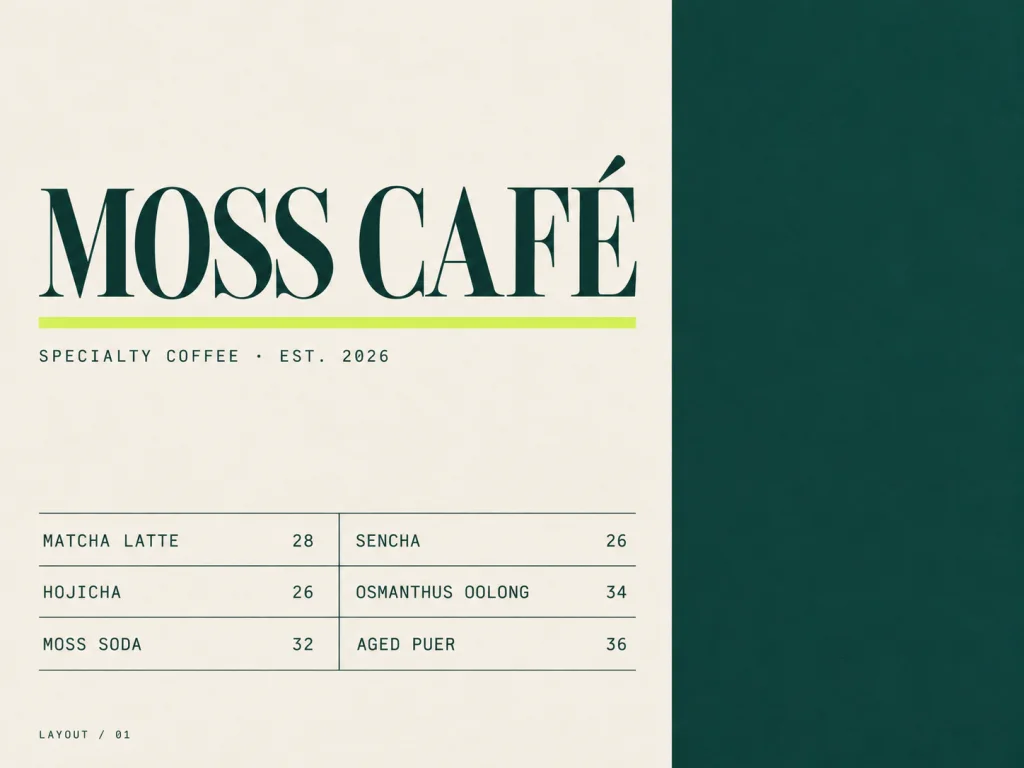Editorial café poster with a moss-green vertical band, a serif headline, and a two-column menu