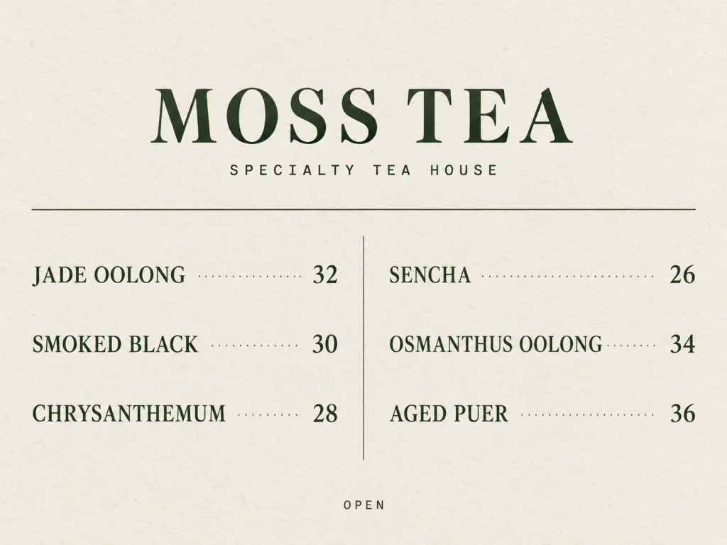 One-page tea house menu with two columns, dot leaders, and an OPEN footer
