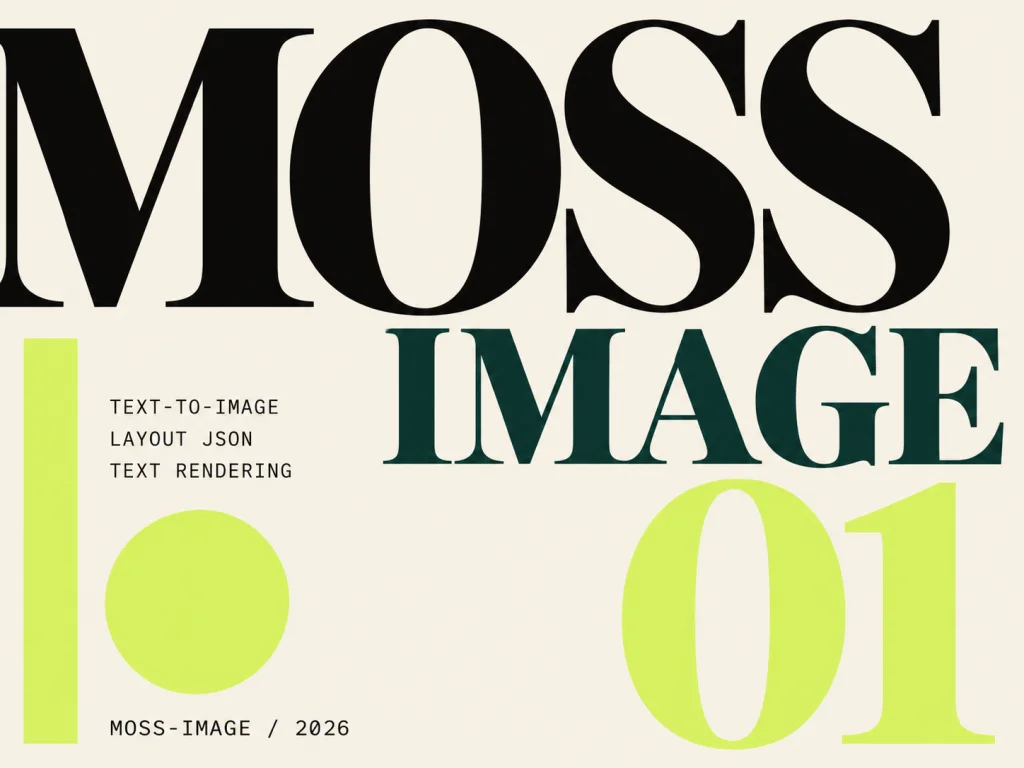 Type-driven poster with MOSS and IMAGE in large serif type, lime accents, and mono labels
